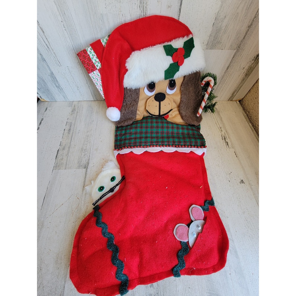 Large vintage faux stocking puppy cat mouse hanging Xmas home decor unique